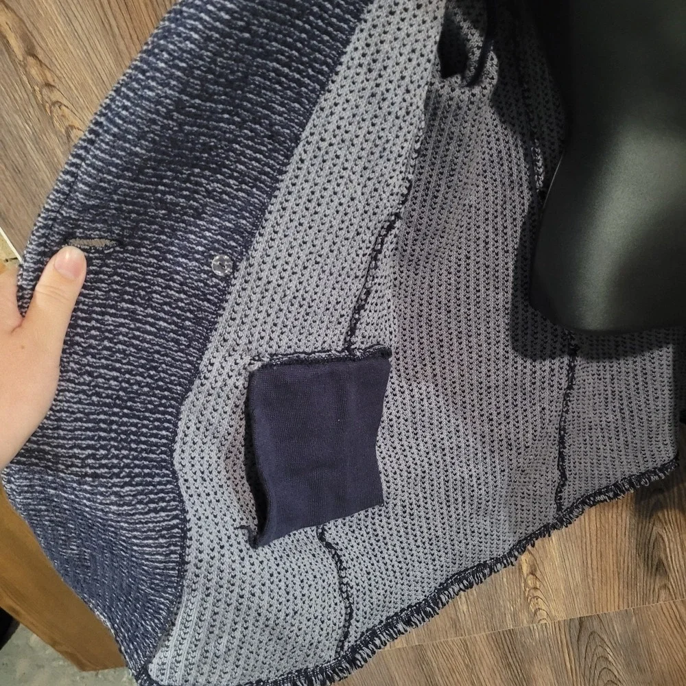 Chico's Double Breasted Jacket Size 3/XL Blue Faux-Tweed Knit Frayed Edge Office